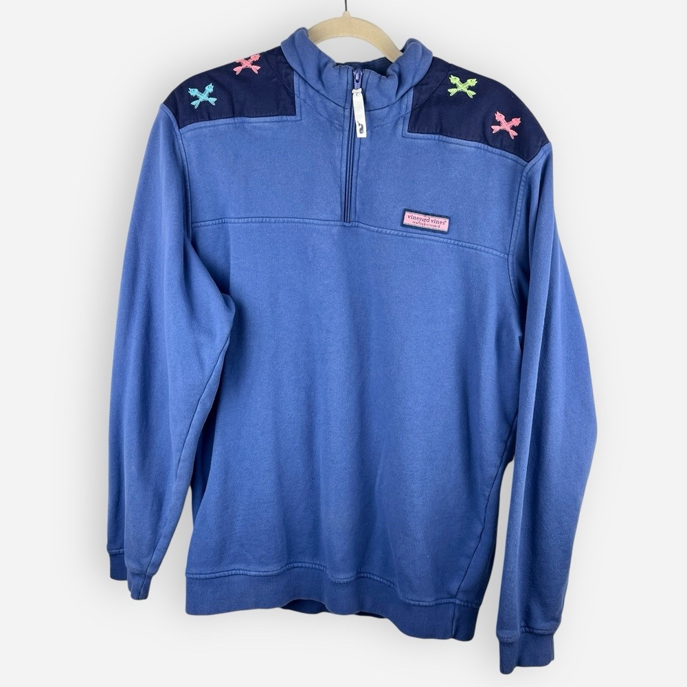 Vineyard Vines Pullover Medium 1/4 Zip Sweatshirt Embroidered Fish Bones‎ Blue
